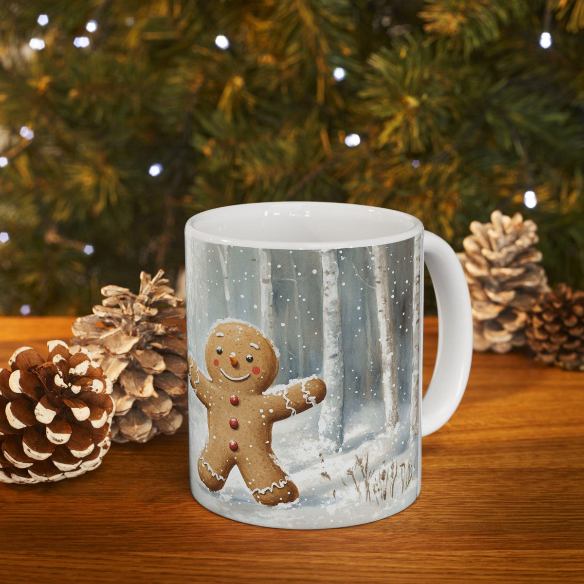 Snowman and Gingerbread Mug | Winter Snowy Forest Ceramic Mug 11 oz