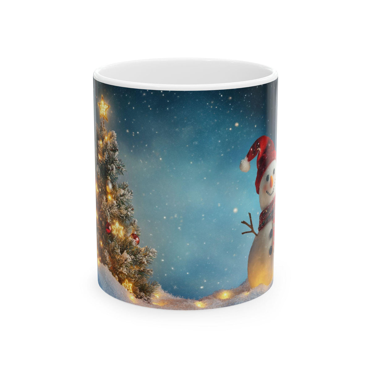 Snowman and Christmas Tree Mug | Holiday Night Snow Scene Ceramic Mug 11 oz