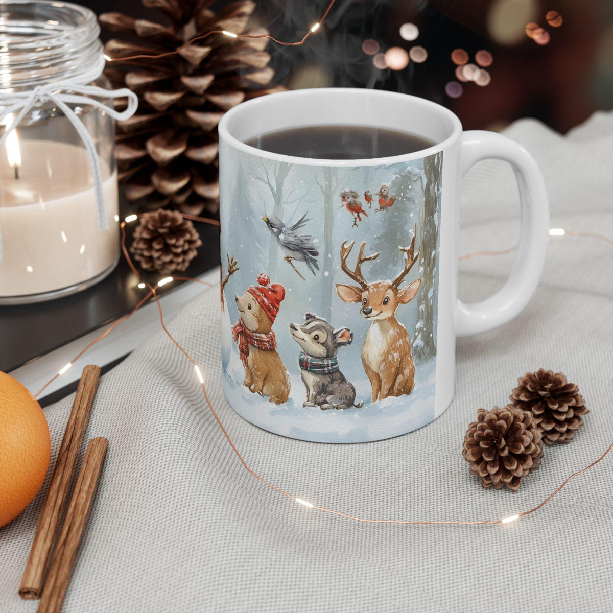 Snowman with Woodland Friends Mug | Winter Snow Scene Ceramic Mug