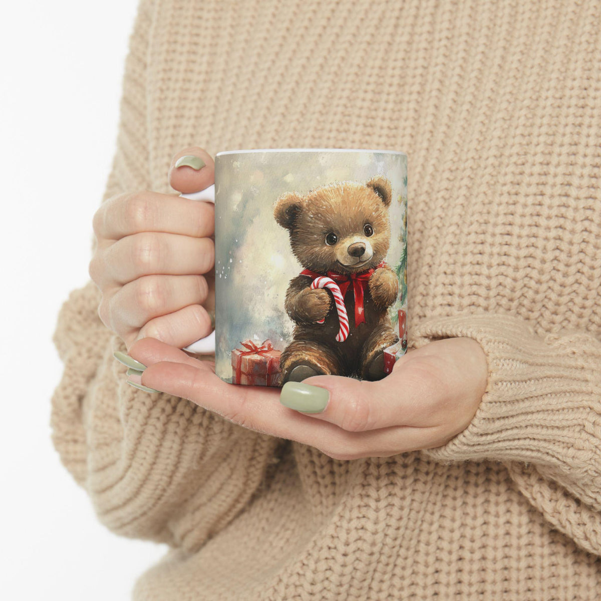 Teddy Bear with Candy Cane Mug | Christmas Tree, Presents 11 oz