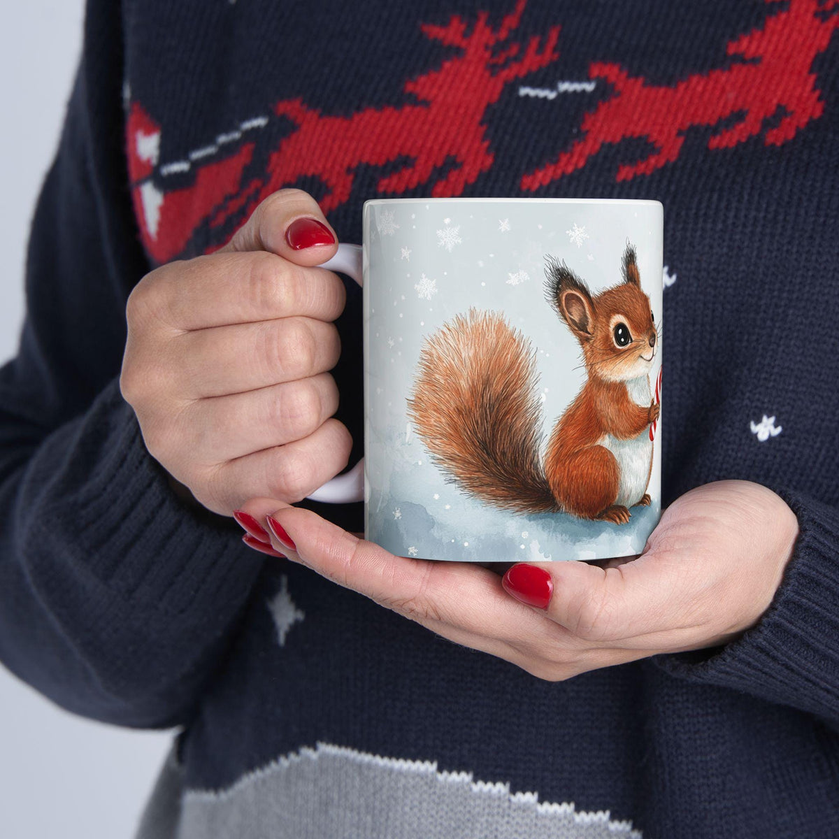 Squirrel with Candy Cane Snowman Mug | Winter Holiday Ceramic Mug 11 oz