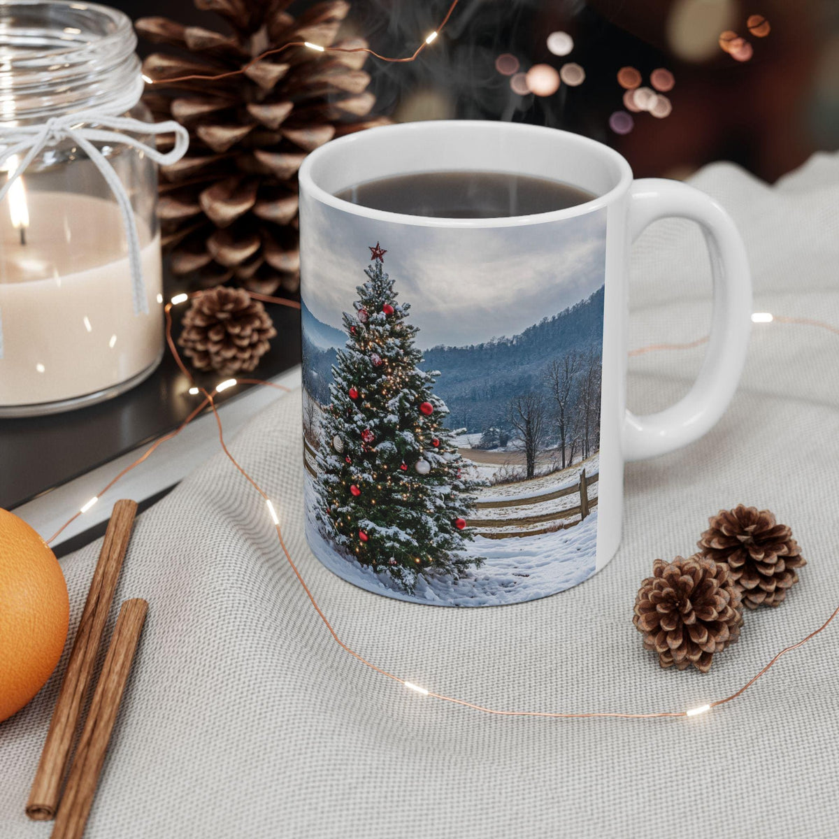 Snowy Farm Landscape Christmas Tree Mug | Winter Cabin Scene Ceramic Mug 11 oz