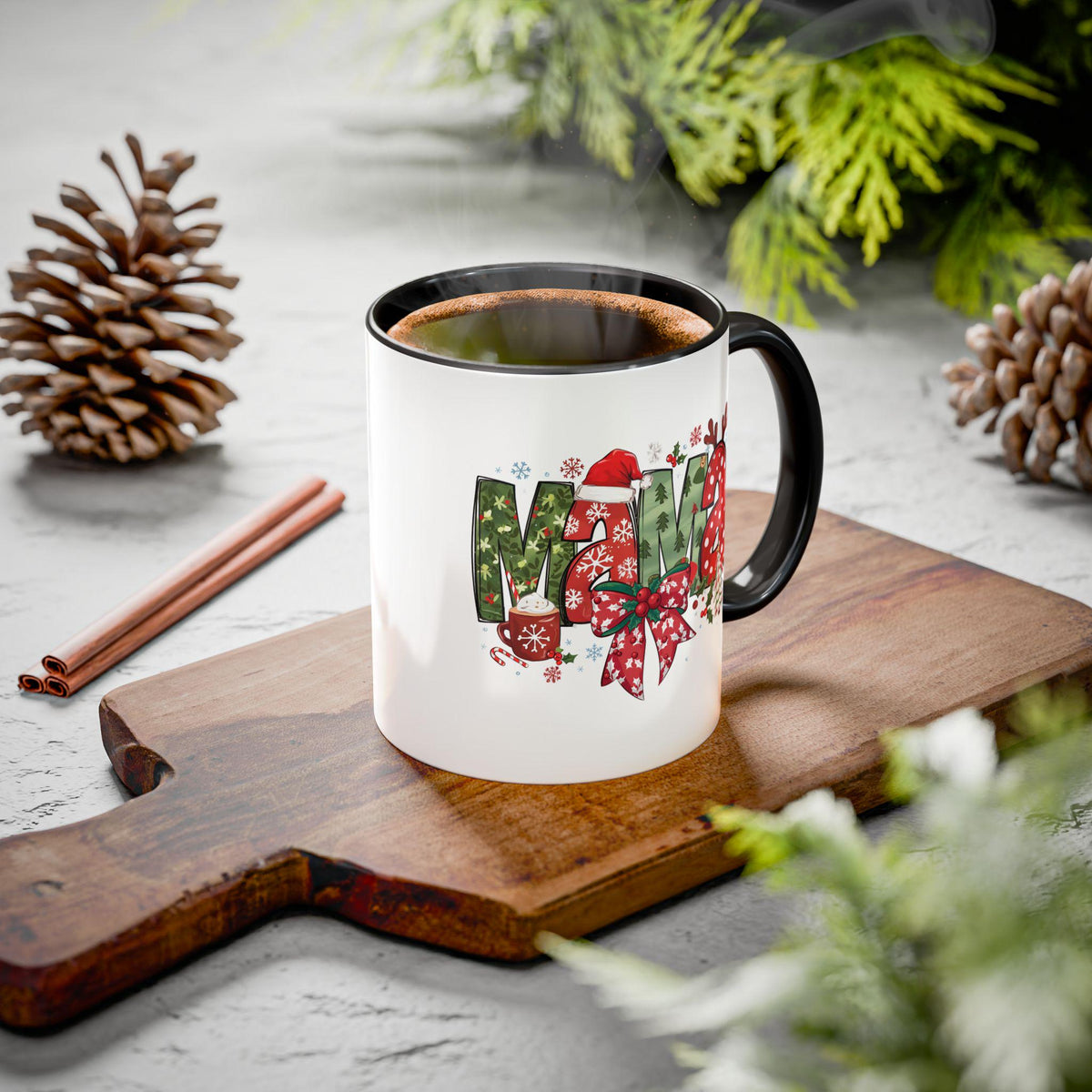 Mama Christmas Mug | Holiday Mom Coffee Cup, Festive Santa Reindeer Letters 11 oz
