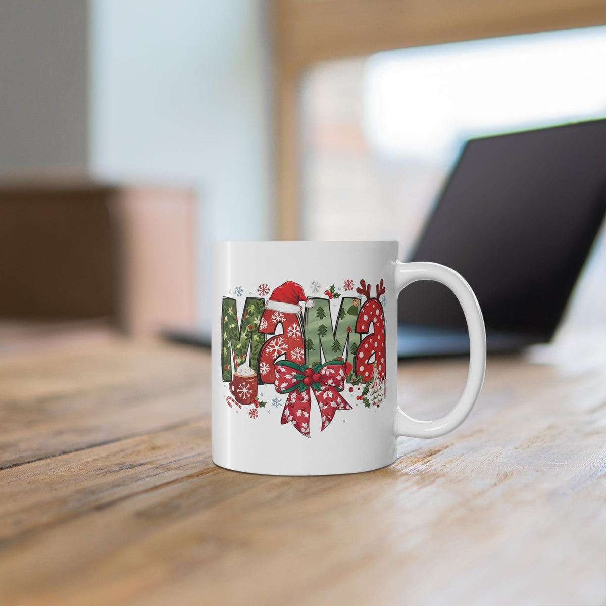 Mama Christmas Letters Mug | Holiday Mom Santa Hat Reindeer Bow 11 oz