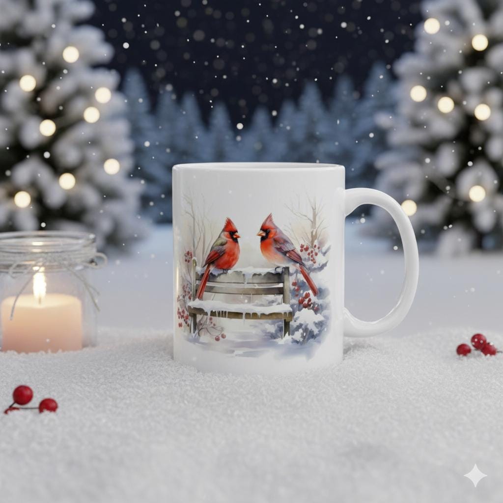 Cardinal on Snowy Fence Mug | Winter Bird Coffee Cup 11 oz