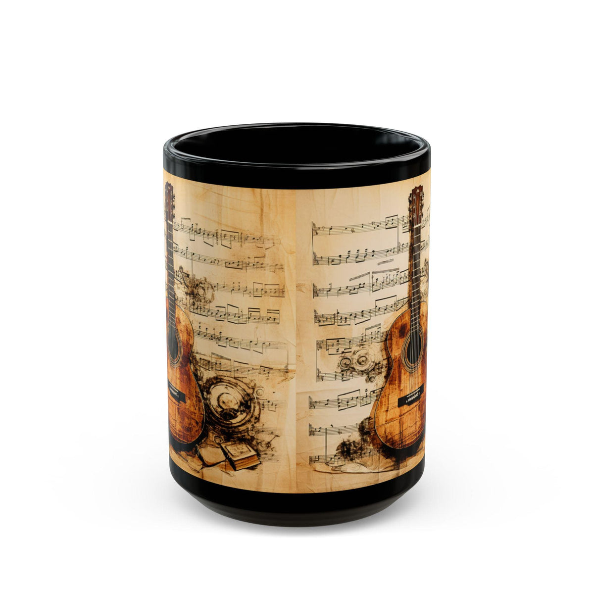 Vintage Acoustic Guitar Music Notes Mug | Black Ceramic Coffee Cup 15 oz