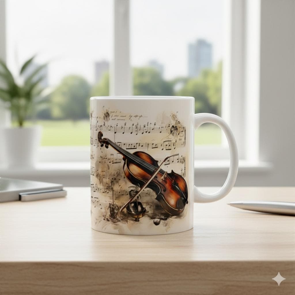 Vintage Sheet Music Violin Mug | Musical Notes Coffee Cup 11 oz