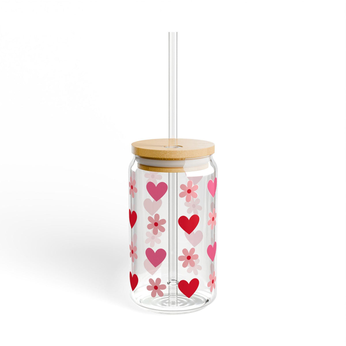 Pink Hearts and Flowers Sipper Glass, Glass Can Cup with Bamboo Lid Straw, Cute Iced Coffee Glass ,Valentine Aesthetic Drinkware