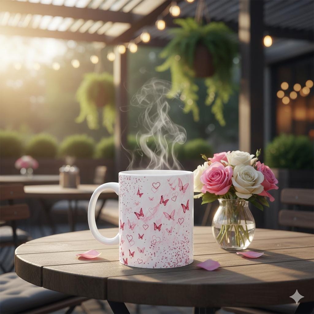 Pink Watercolor Butterflies Mug , Hearts Pattern Ceramic Mug,Pink Butterfly Heart Coffee Mug ,Romantic Floral Style, Gift for Her