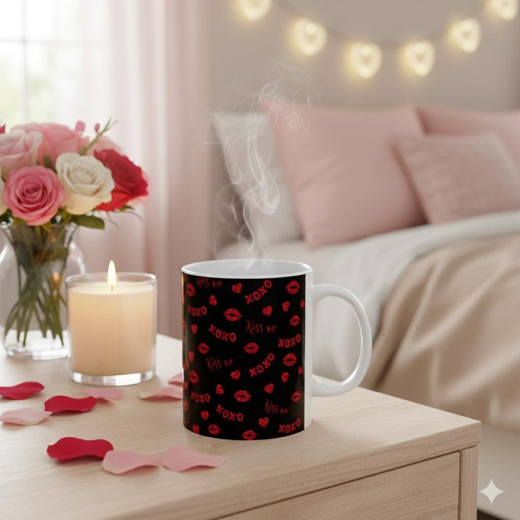 Kiss Me XOXO Coffee Mug ,Ceramic Mug, Black & Red Glitter Lips Design, Valentine Gift for Her