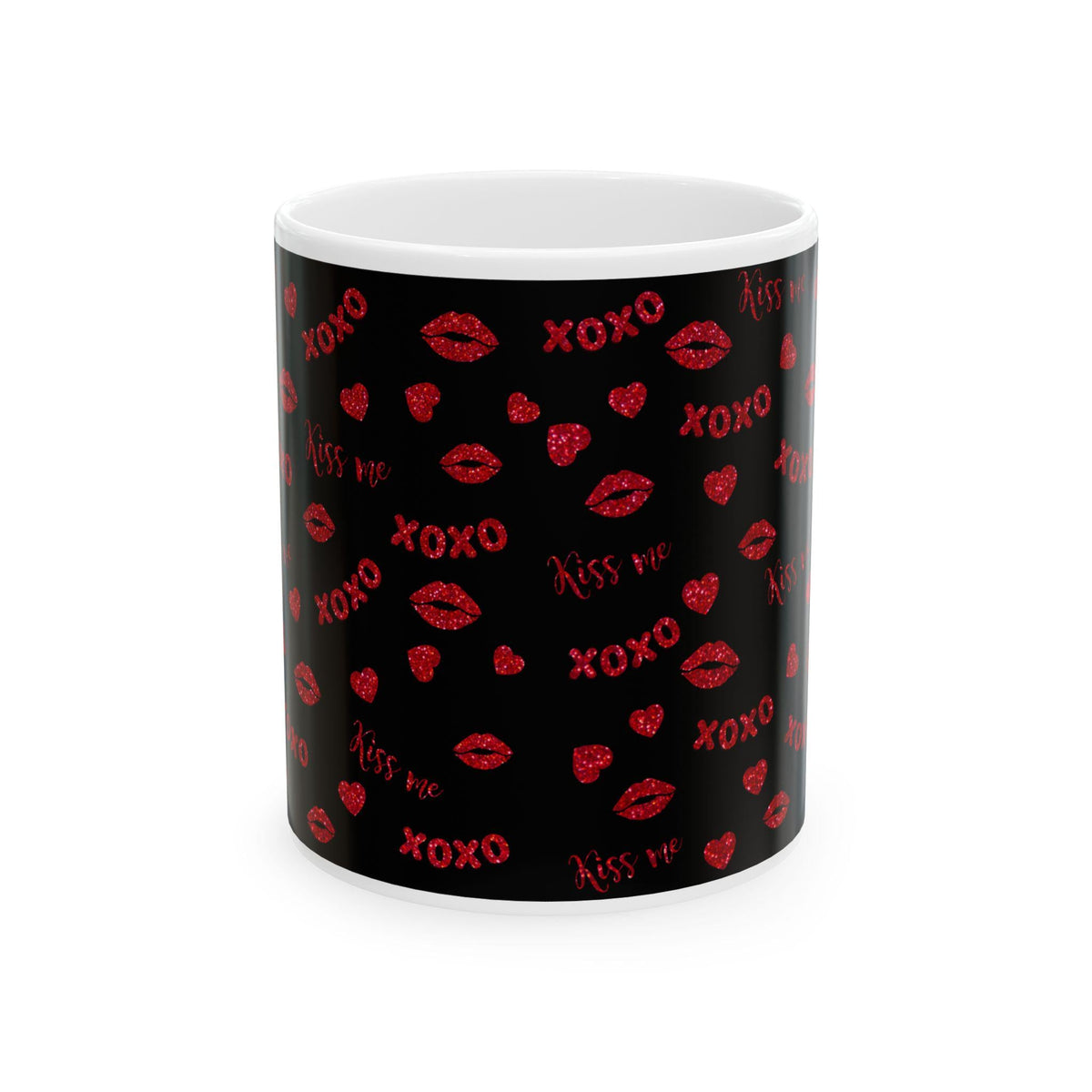 Kiss Me XOXO Coffee Mug ,Ceramic Mug, Black & Red Glitter Lips Design, Valentine Gift for Her