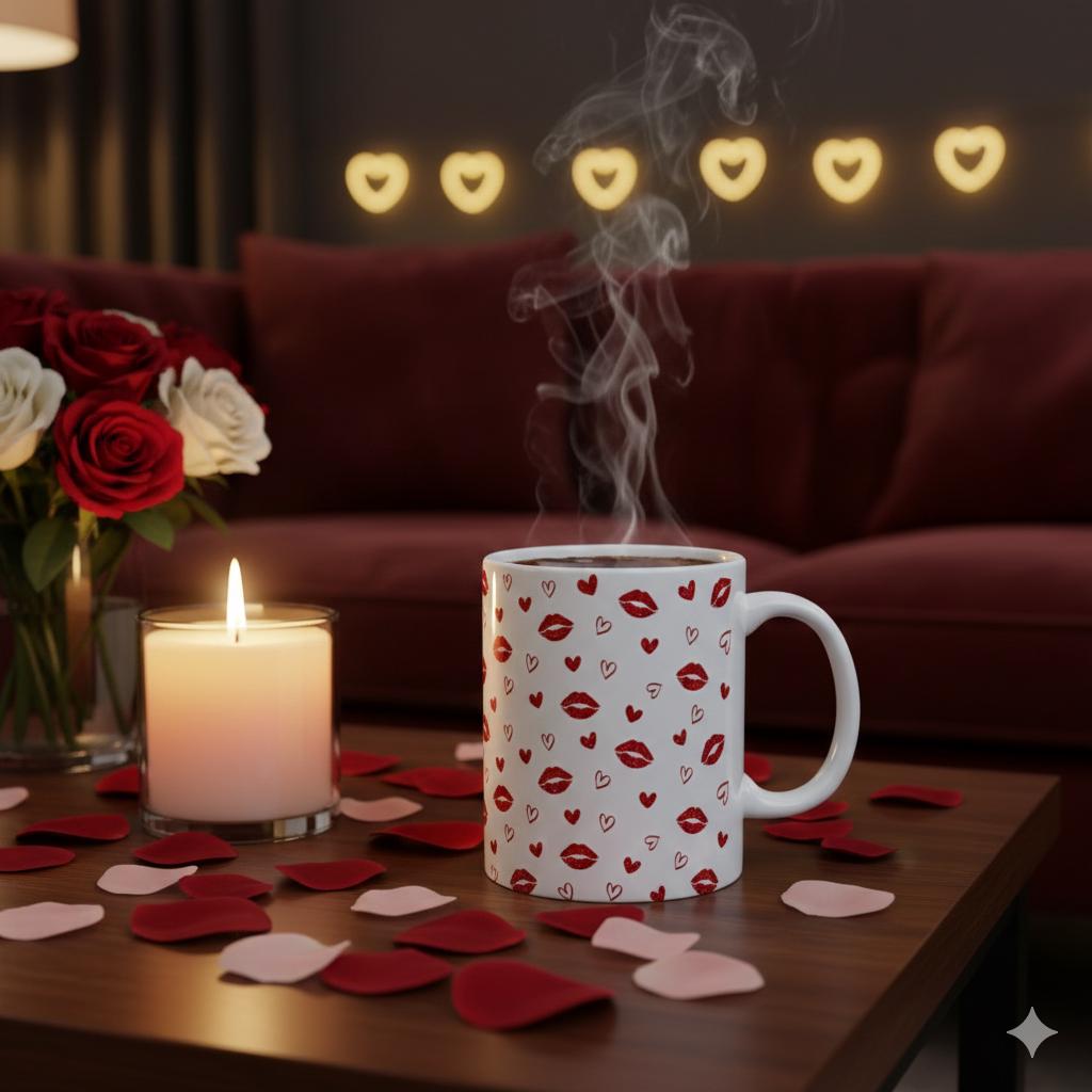 Red Glitter Lips Heart Mug ,Ceramic Coffee Mug, Valentine Gift for Her, Cute Love Design