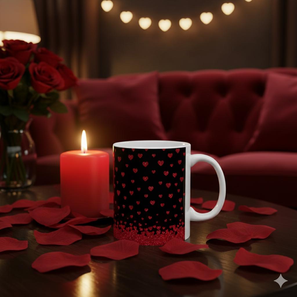Valentine Mug,Black Red Glitter Heart Mug ,Ceramic Coffee Mug, Valentine Gift for Her, Romantic Love Mug