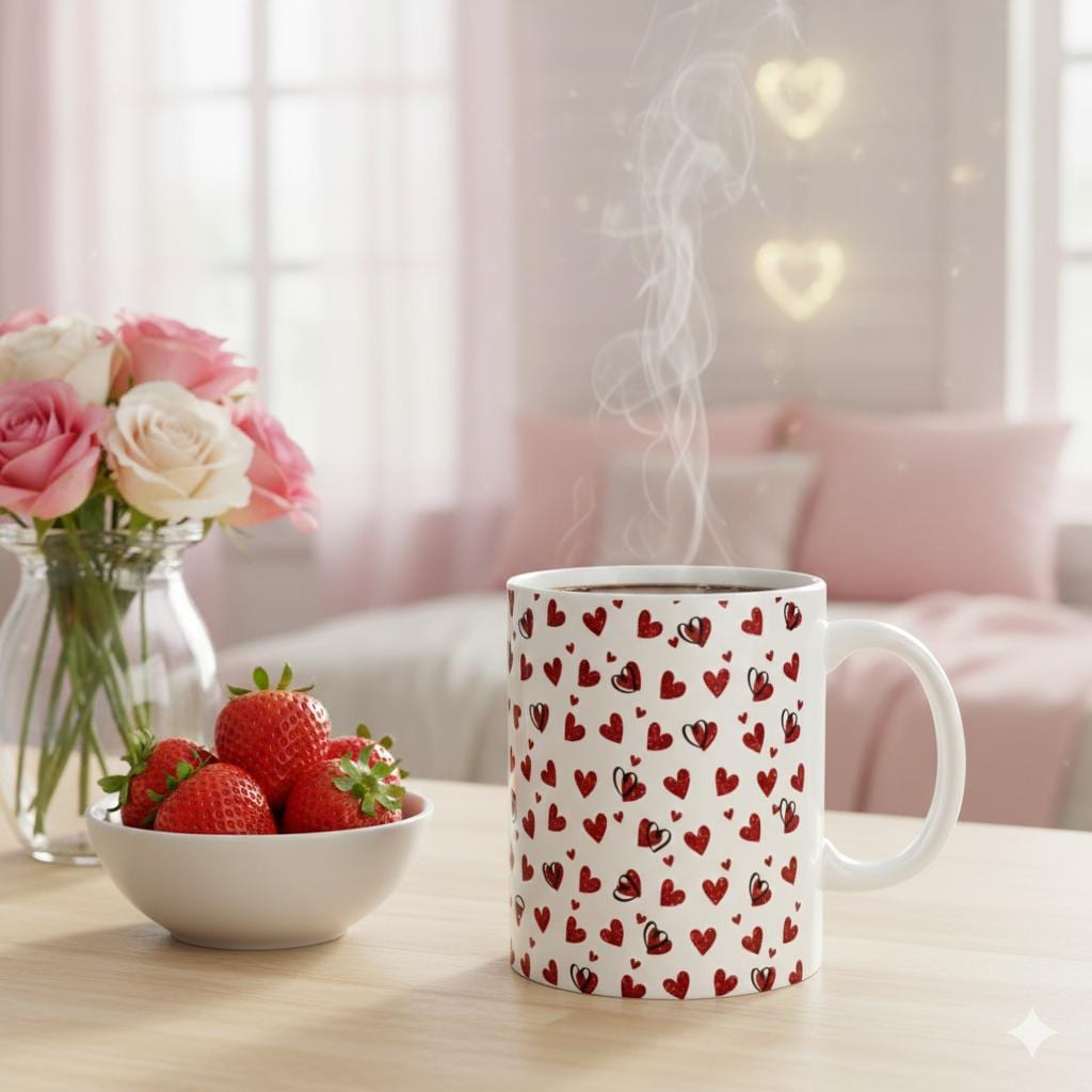 Scattered Red Hearts Pattern Mug , Red Glitter Heart Coffee Mug , Valentine Gift for Her, Cute Love Design