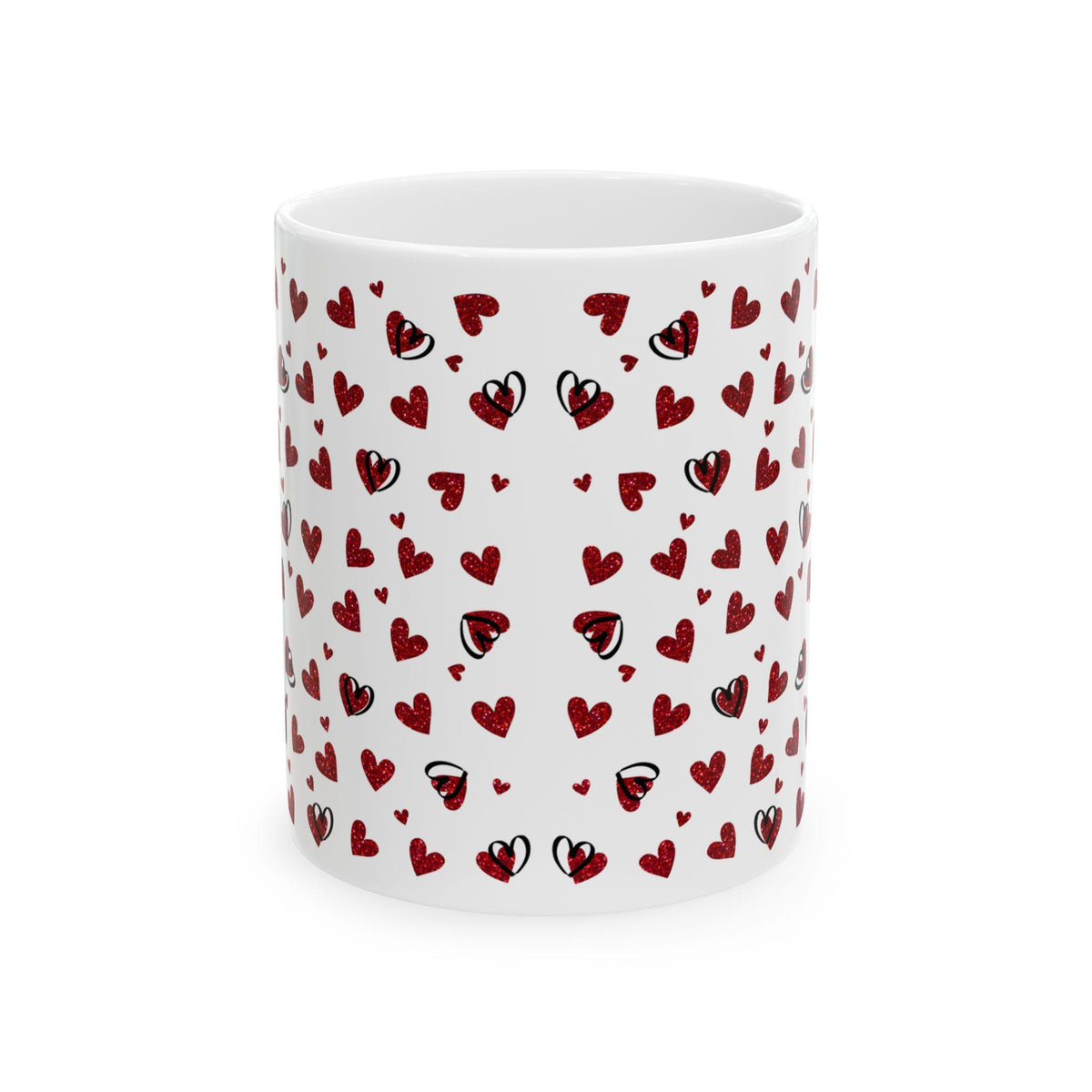 Scattered Red Hearts Pattern Mug , Red Glitter Heart Coffee Mug , Valentine Gift for Her, Cute Love Design