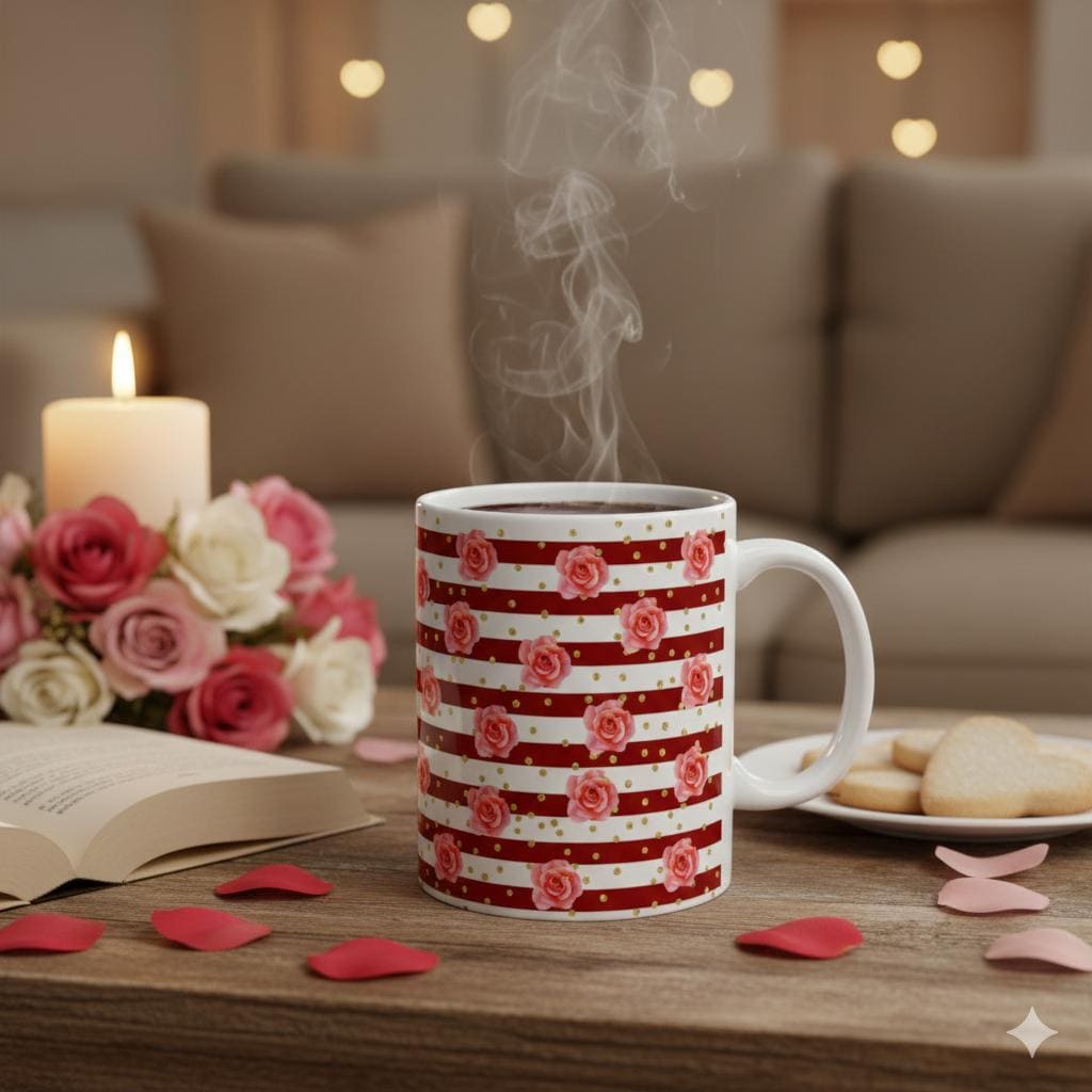 Red Rose Stripe Coffee Mug , Ceramic Mug, Floral Gold Dot Design, Elegant Gift for Her
