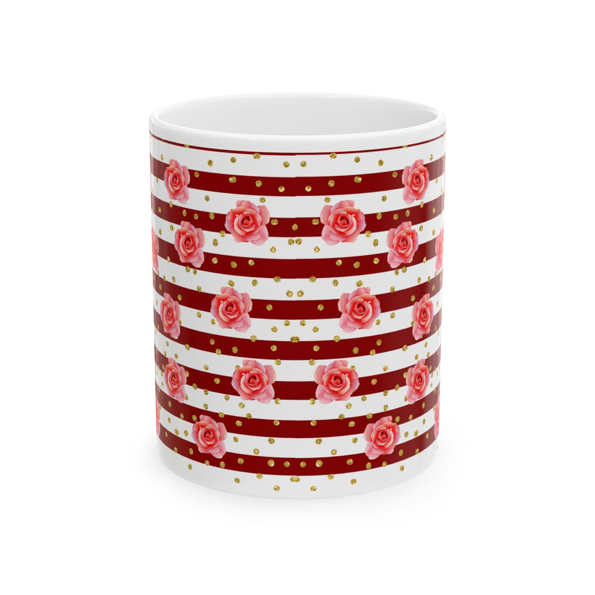Red Rose Stripe Coffee Mug , Ceramic Mug, Floral Gold Dot Design, Elegant Gift for Her