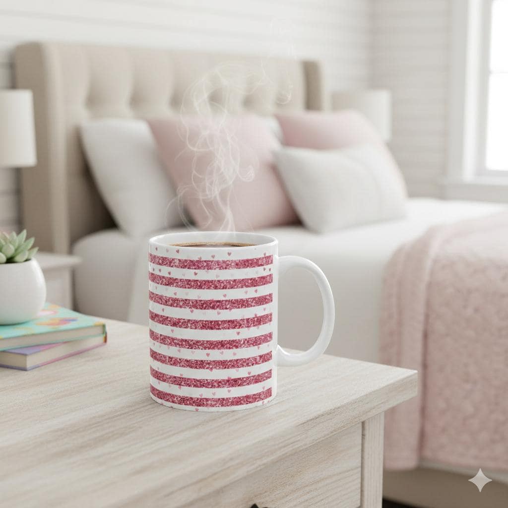 Pink Glitter Stripe Heart Mug , Ceramic Coffee Mug, Valentine Gift for Her, Cute Love Design , 11 oz 15 oz