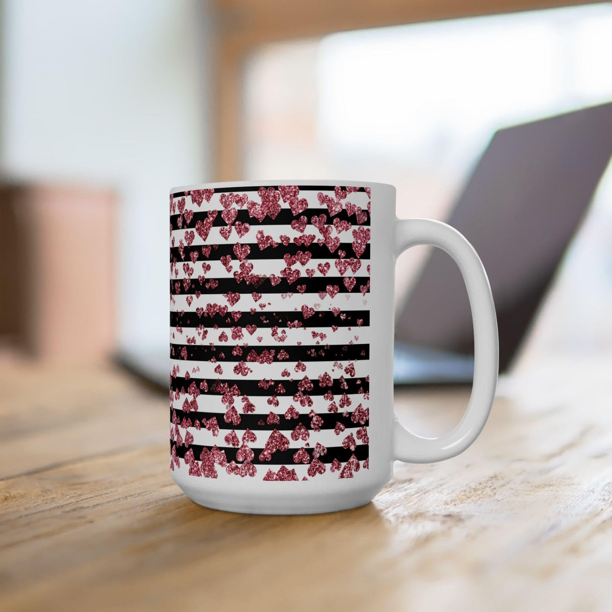 Pink Glitter Heart Stripe Mug , Black  White Striped Valentine Gift for Her,11 oz  15 oz Ceramic Coffee Mug