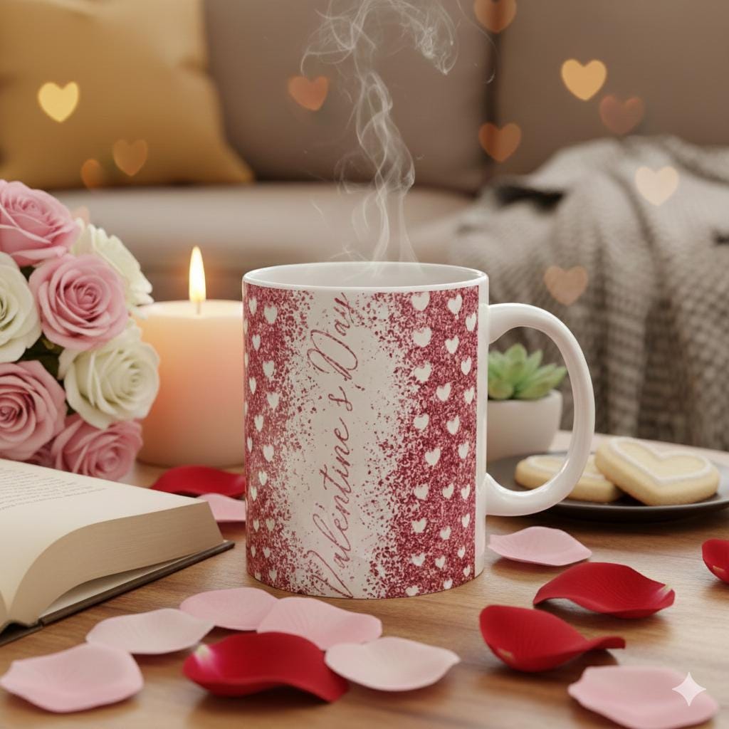 Heart Pattern Ceramic Mug ,Pink Vintage Dot Hearts,Pink glitter mug ,heart coffee mug ,gift for her , valentine mug 11oz or 15oz