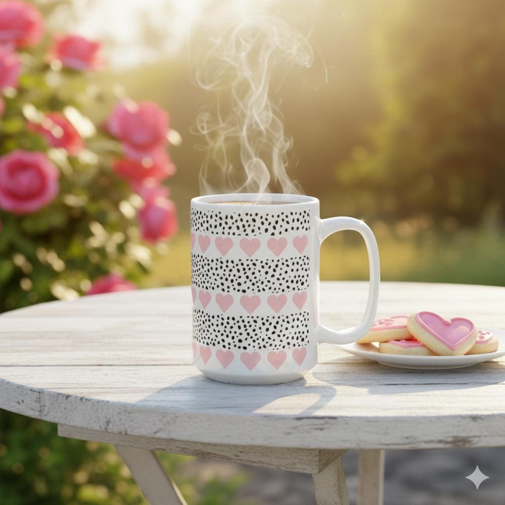 Pink Heart Pattern Coffee Mug  , Minimal Black Dot Design, Gift for Her, 11 oz , 15 oz Ceramic Mug,