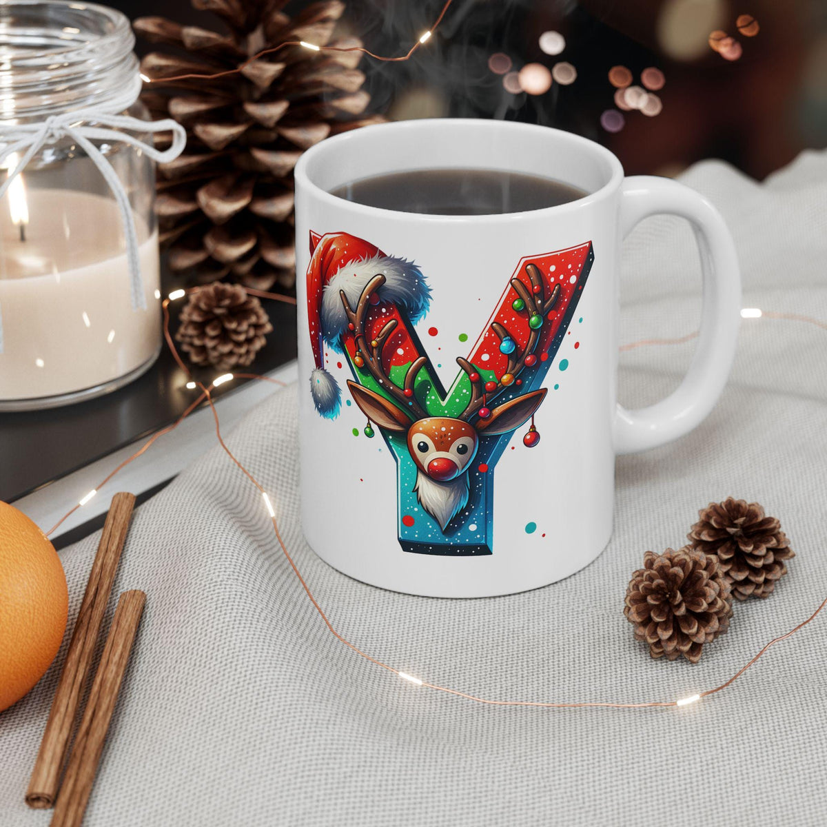Reindeer Letter Y Christmas Mug, Personalized Initial Cup, Santa Hat Monogram Mug, Custom Holiday Coffee Gift  11 oz