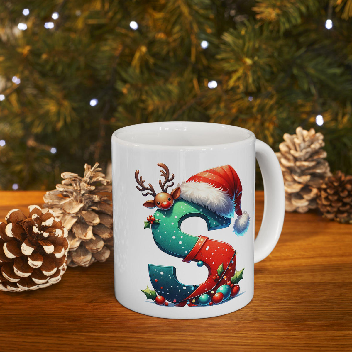Christmas Letter S Mug mug | Holiday Santa Hat & Reindeer Ornament design 11 oz