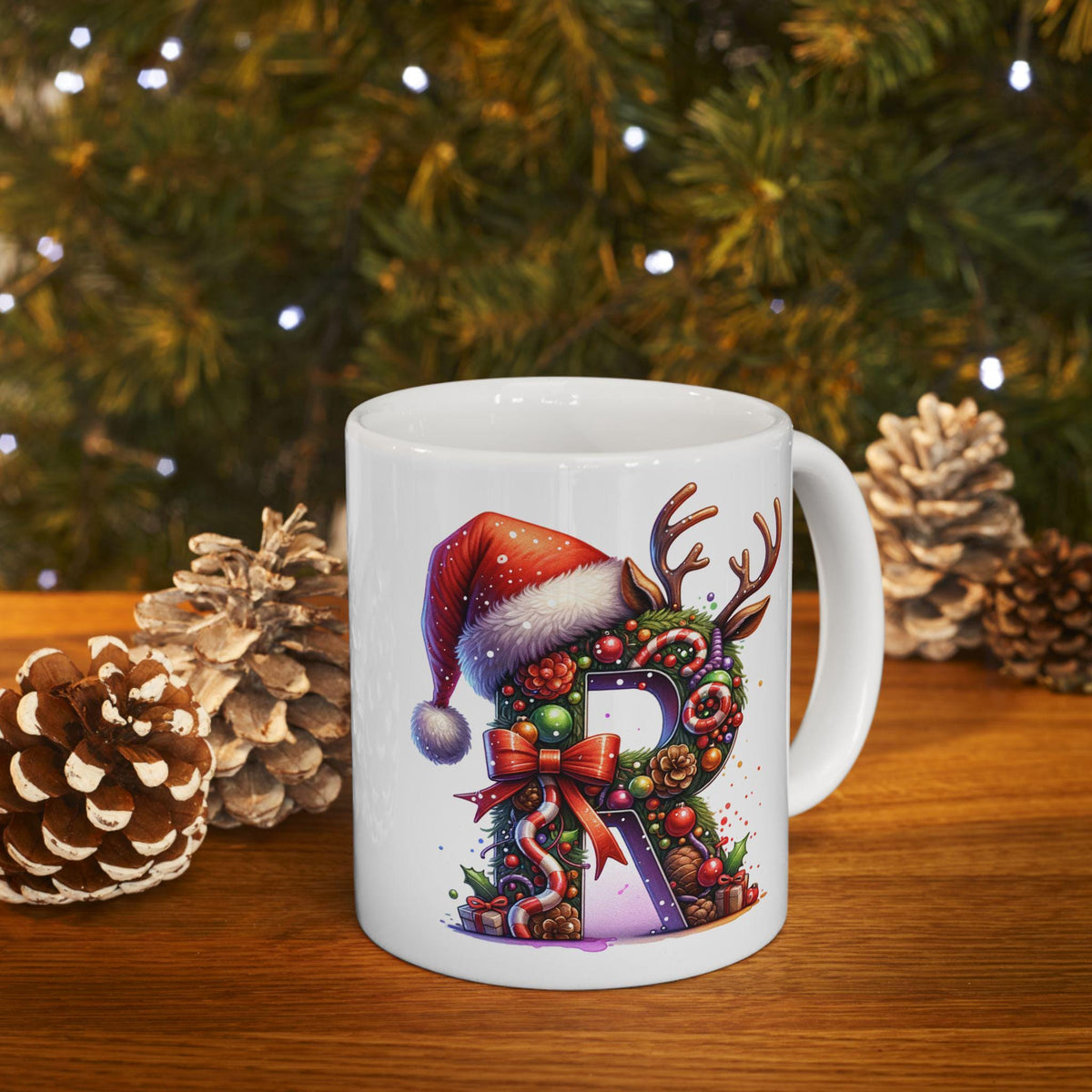 Christmas Letter R Mug | Festive Santa Hat, Wreath, Reindeer Antlers Ceramic Mug 11 oz