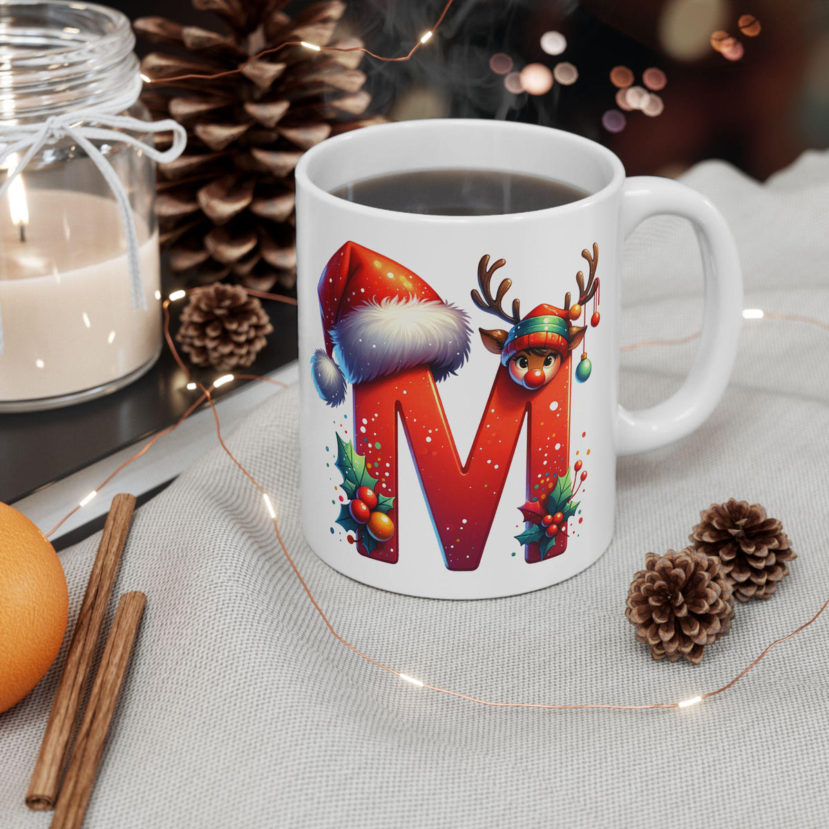 Christmas Letter M Mug, Reindeer Initial Mug, Santa Hat Monogram Cup, Holiday Personalized Gift, Festive Xmas Coffee Cup 11 oz