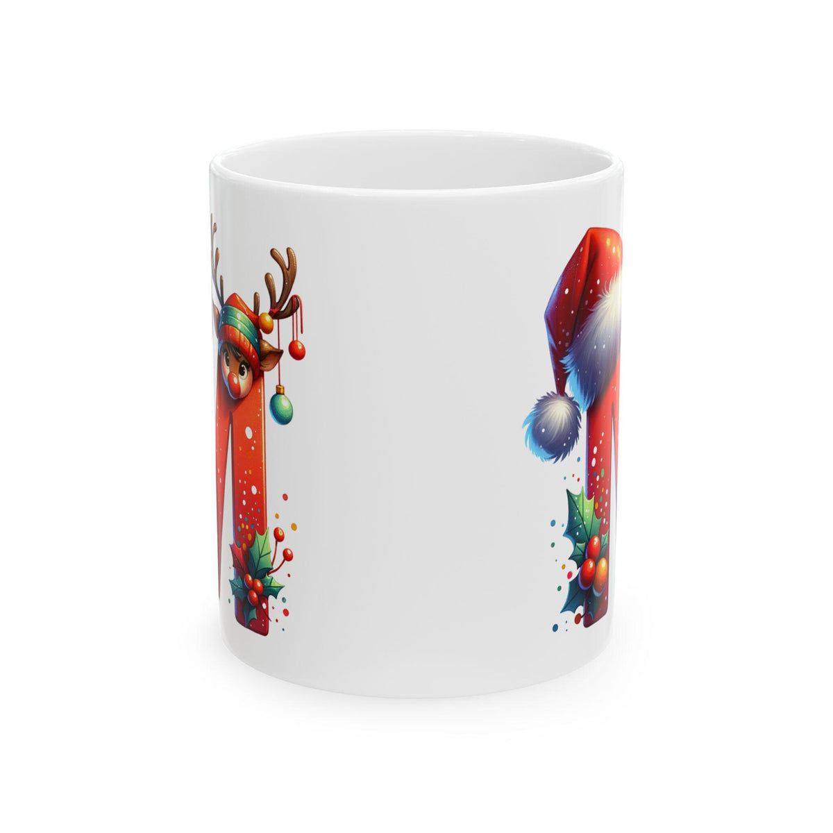 Christmas Letter M Mug, Reindeer Initial Mug, Santa Hat Monogram Cup, Holiday Personalized Gift, Festive Xmas Coffee Cup 11 oz