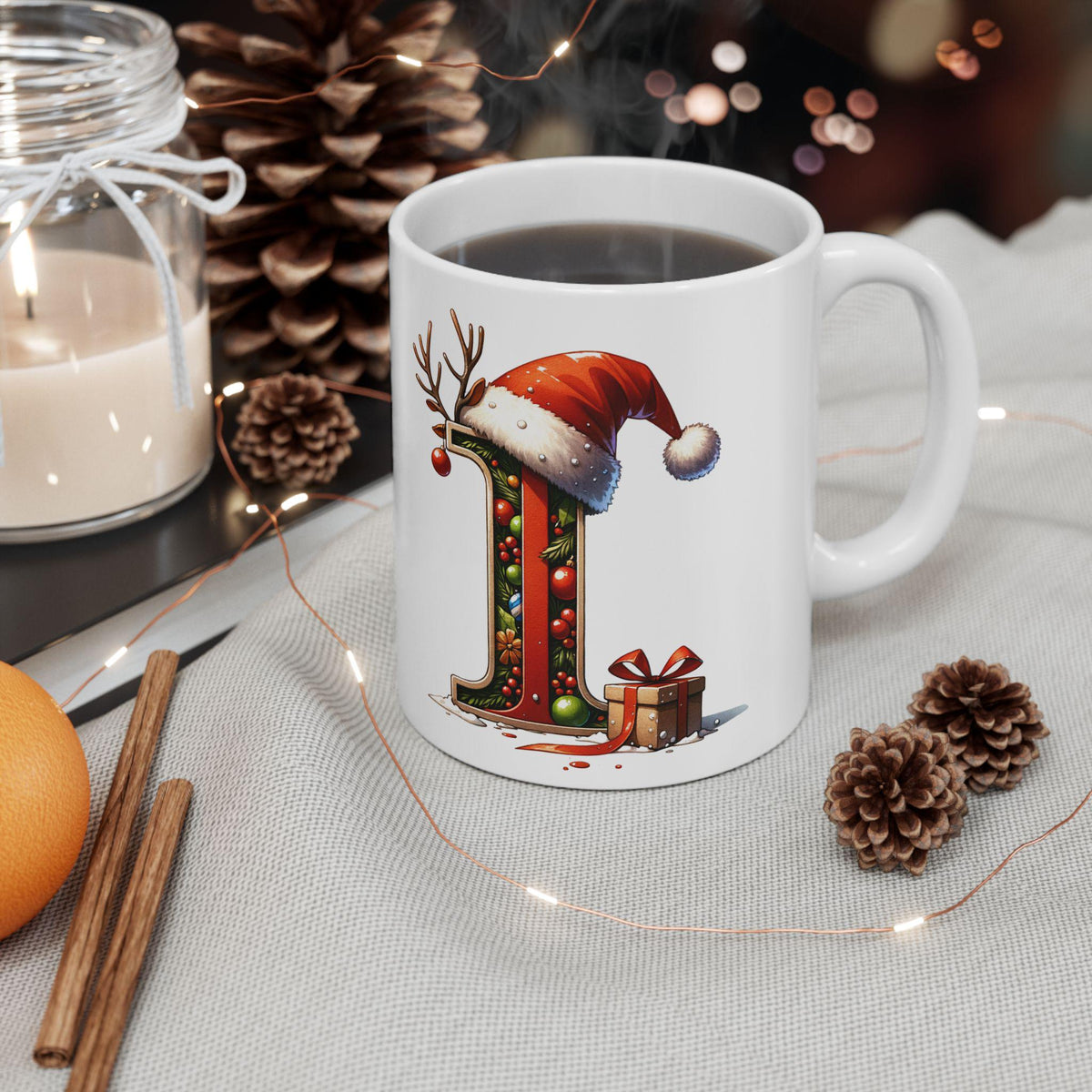 Letter I Christmas Mug, Reindeer Initial I Cup, Santa Hat Monogram Gift, Personalized Holiday Mug, Custom Alphabet Coffee Cup 11 oz