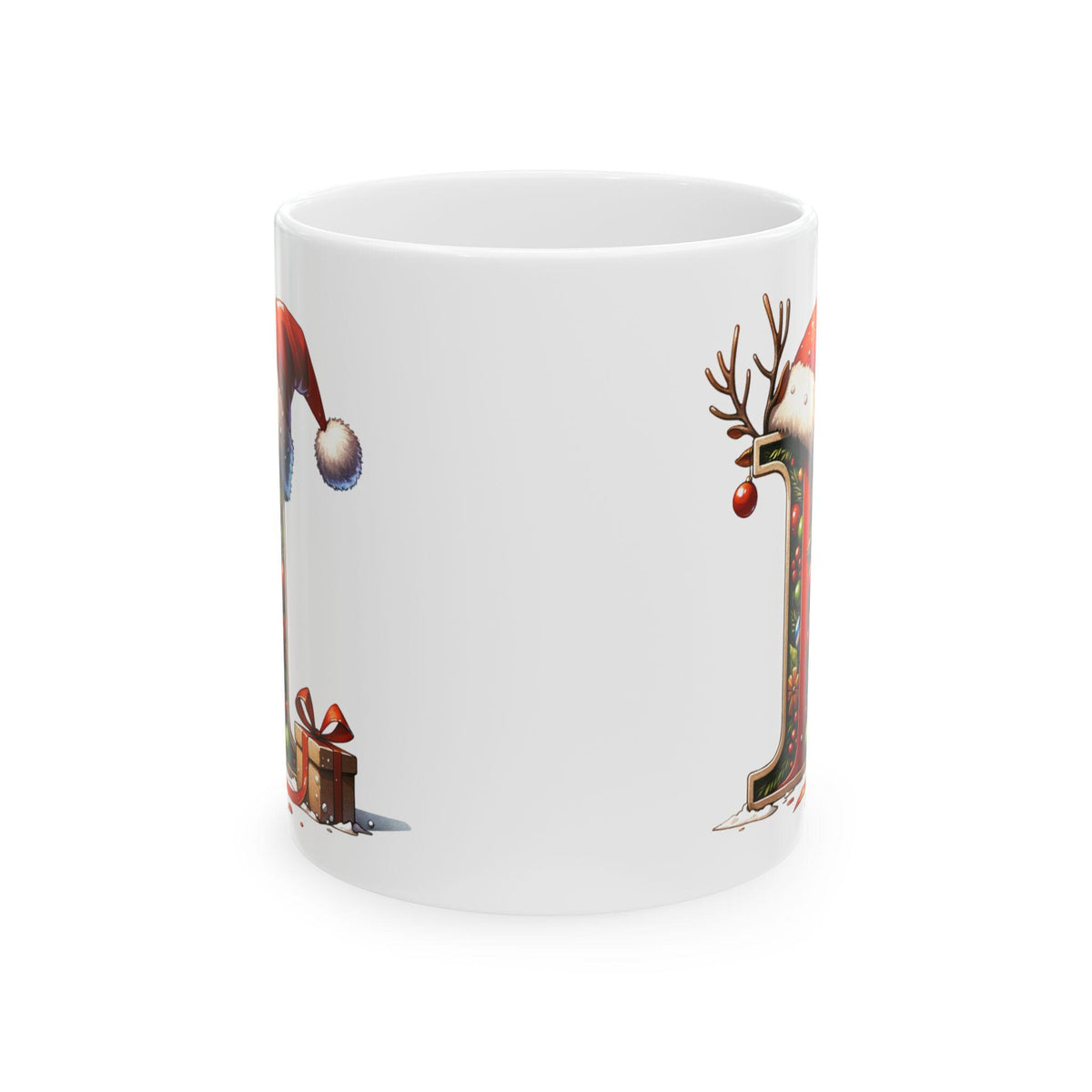 Letter I Christmas Mug, Reindeer Initial I Cup, Santa Hat Monogram Gift, Personalized Holiday Mug, Custom Alphabet Coffee Cup 11 oz