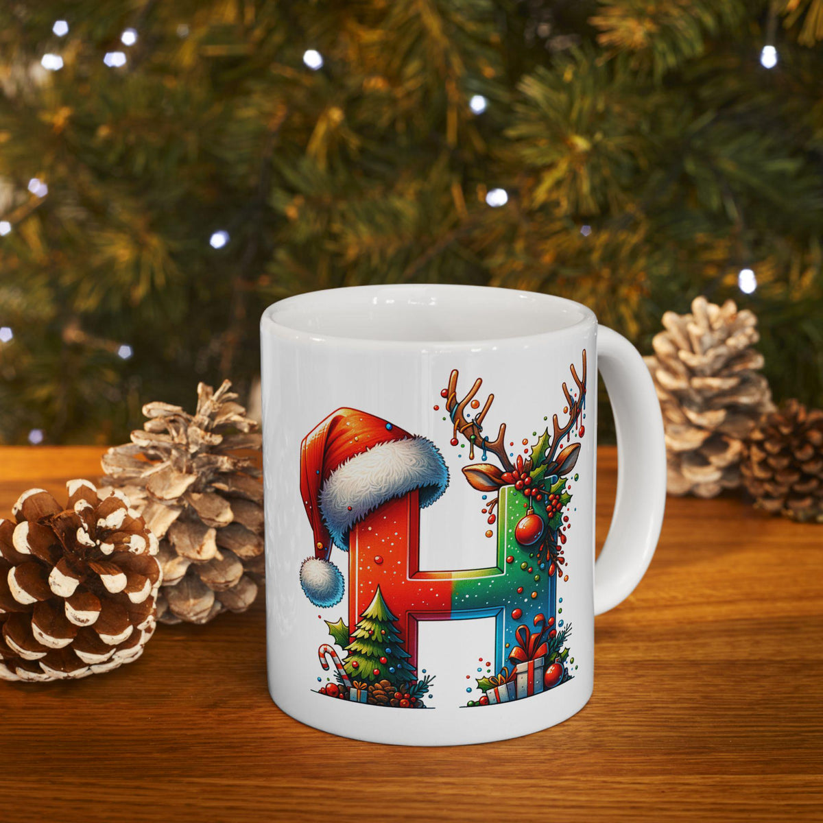Christmas Letter H Mug, Reindeer Initial Mug, Santa Hat Monogram Cup, Personalized Holiday Coffee Gift, Custom Alphabet Christmas Mug 11 oz