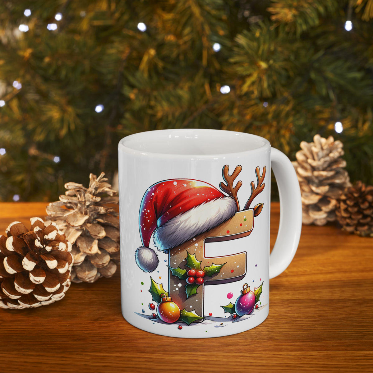 Christmas Letter F Mug, Reindeer Initial Mug, Santa Hat Monogram Cup, Personalized Holiday Gift 11 oz