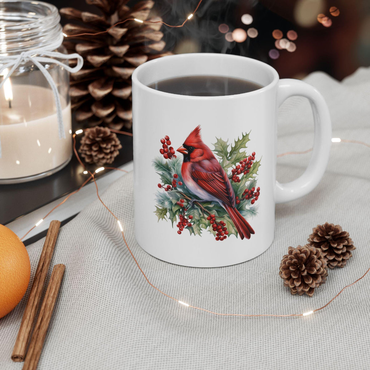 Holly and Pine Wreath Mug | Ceramic Coffee Cup Red Cardinal Mug 11 oz