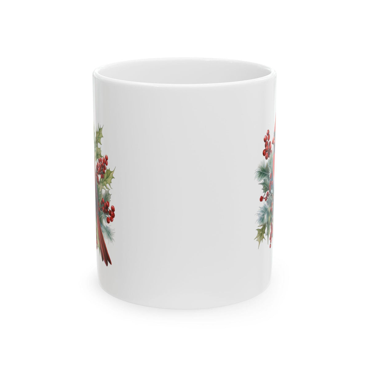 Holly and Pine Wreath Mug | Ceramic Coffee Cup Red Cardinal Mug 11 oz