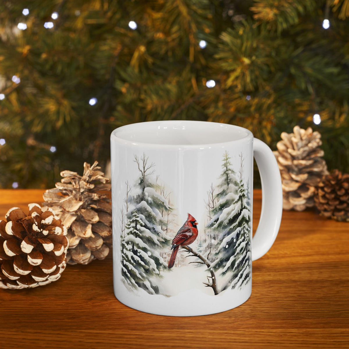 Snowy Pine Trees Mug  Winter Cabin Coffee Cup Red Cardinal  Mug 11 oz