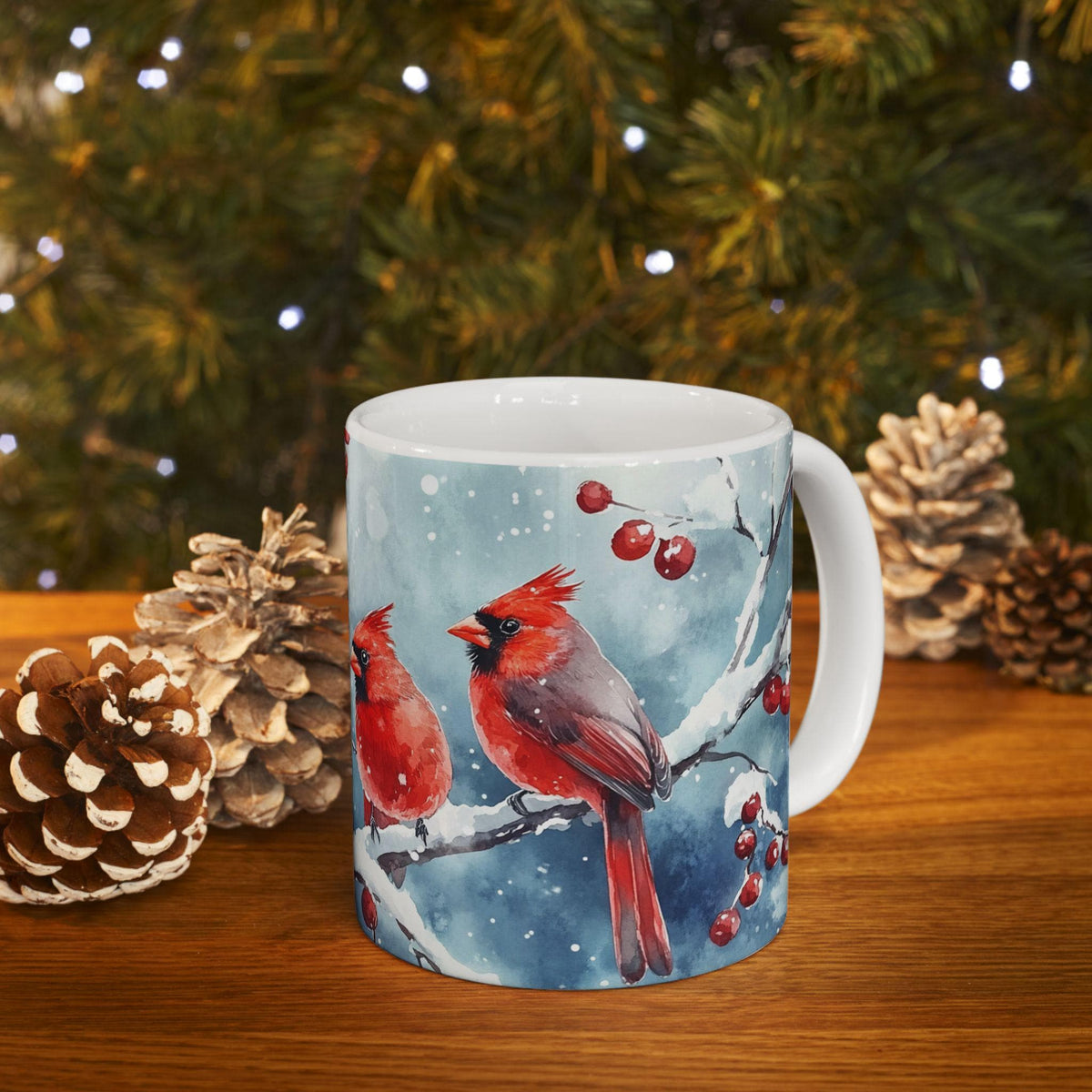 Red Cardinal Birds on Snowy Branch Mug , Winter Bird Coffee Cup 11 oz,  Christmas Gift
