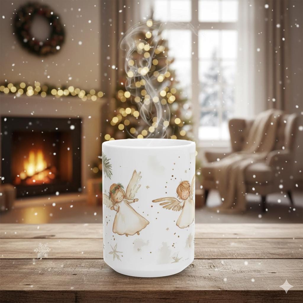 Watercolor Angel Choir Mug | Christmas Pine Sprig Ceramic Mug 15 oz