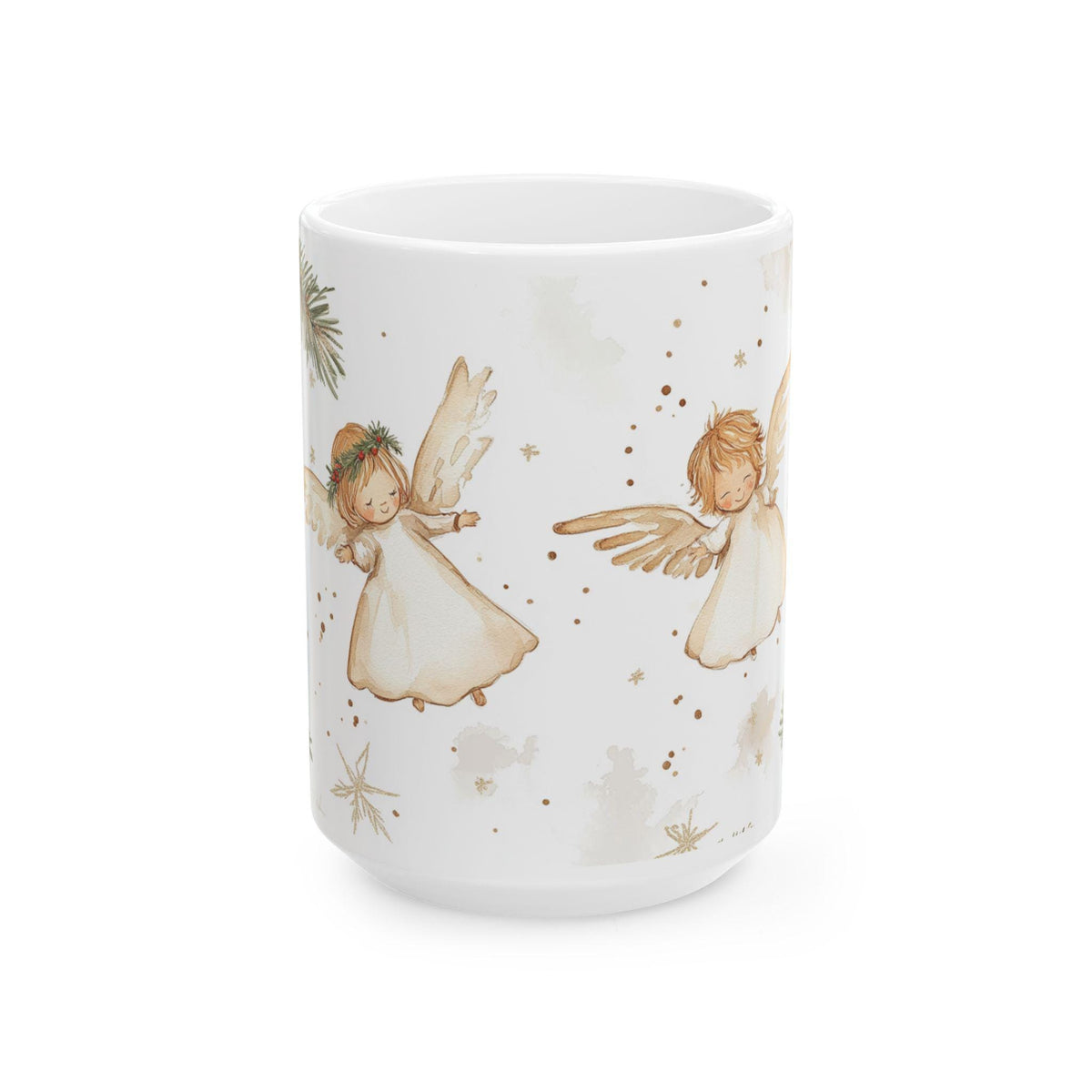 Watercolor Angel Choir Mug | Christmas Pine Sprig Ceramic Mug 15 oz