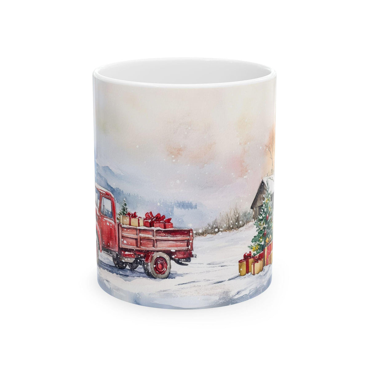 Vintage Red Truck Christmas Scene Mug | Holiday Snowy Landscape Ceramic Mug 11 oz