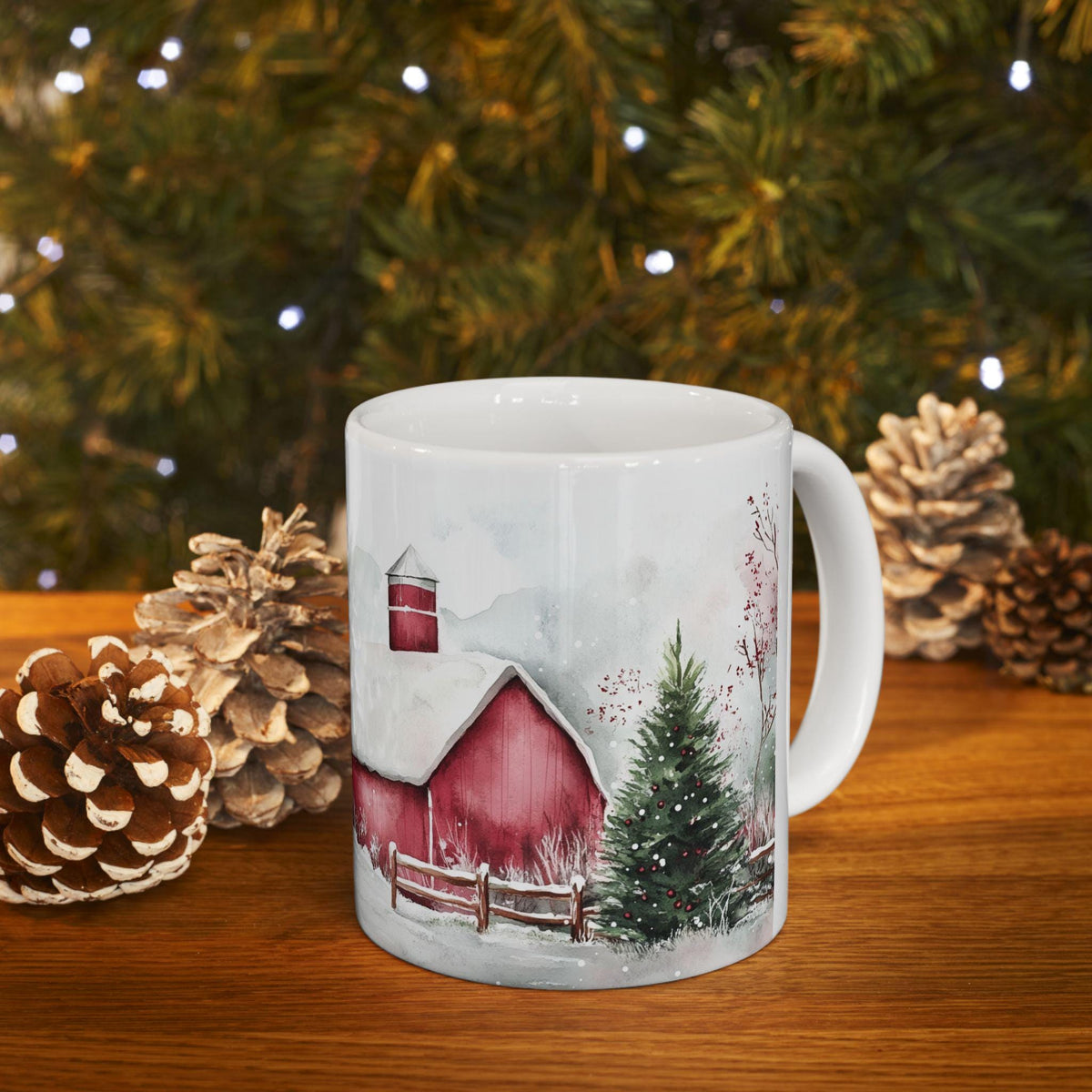 Red Barn Winter Scene Mug | Snowy Farmhouse Landscape Ceramic Mug 11 oz