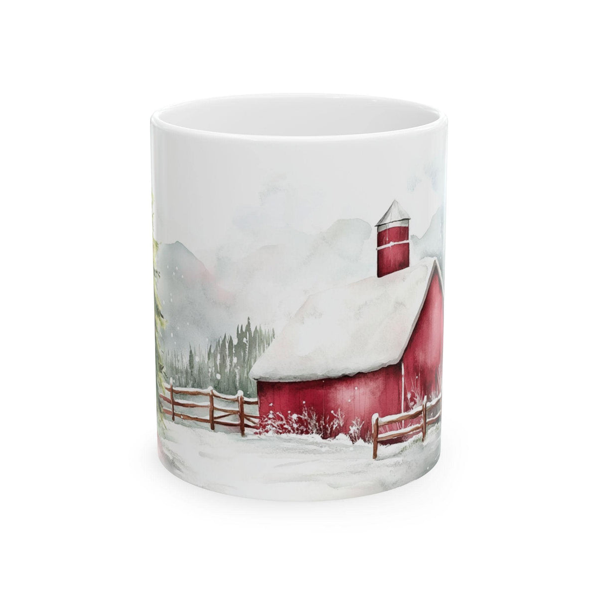 Red Barn Winter Scene Mug | Snowy Farmhouse Landscape Ceramic Mug 11 oz