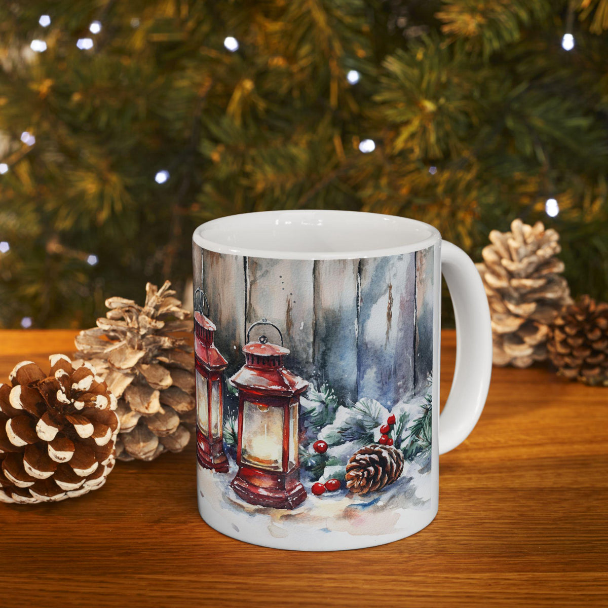 Red Lantern Winter Scene Mug | Christmas Pinecones Snow 11oz