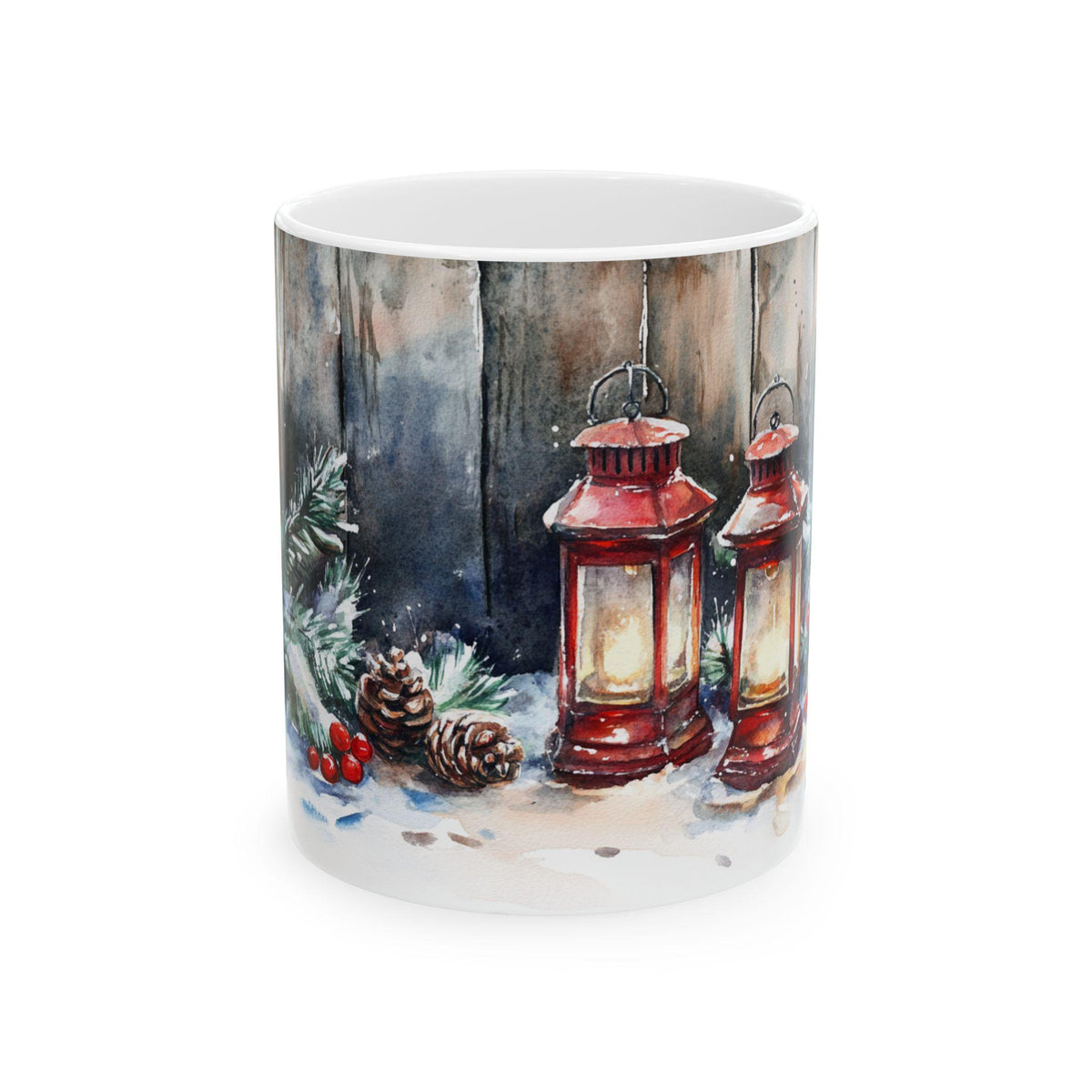 Red Lantern Winter Scene Mug | Christmas Pinecones Snow 11oz