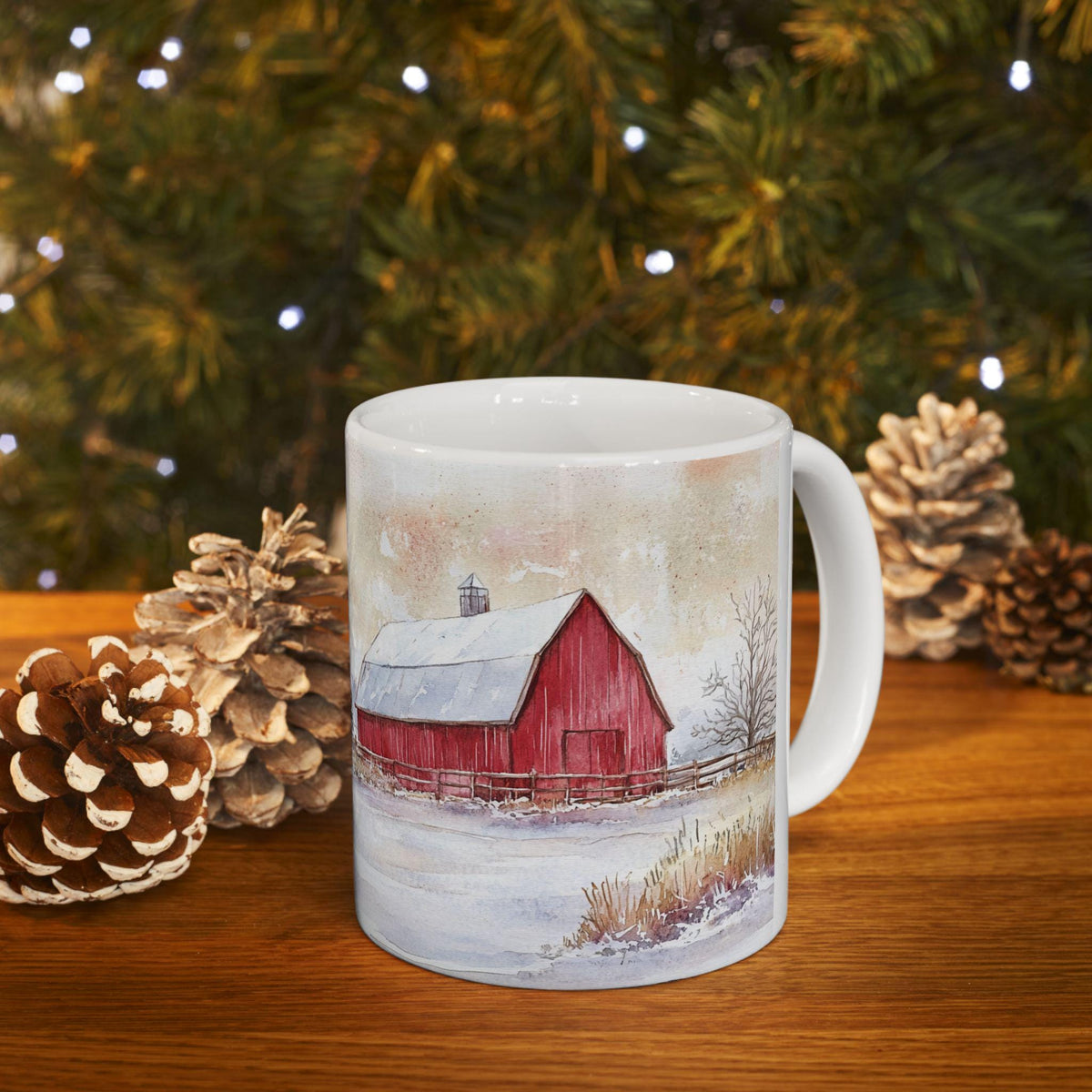 Winter Red Barn Scene Mug | Snowy Farmhouse Landscape Ceramic Mug 11 oz