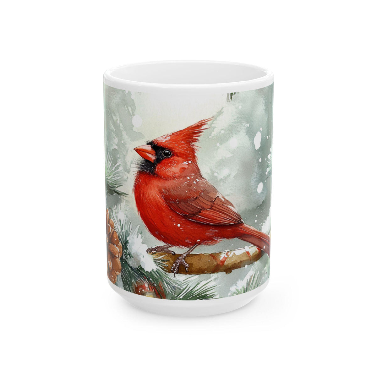 Red Cardinal on Snowy Pine Mug | Ceramic Coffee Cup 15 oz