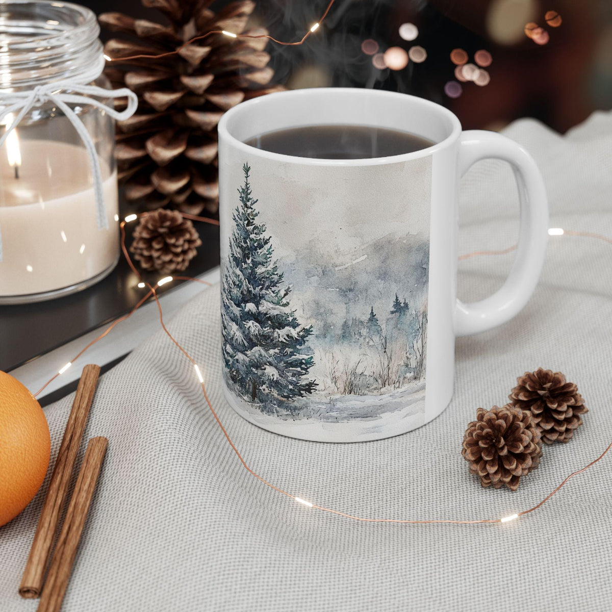 Snowy Pine Landscape Mug | Winter Mountain Scene Ceramic Mug 11 oz