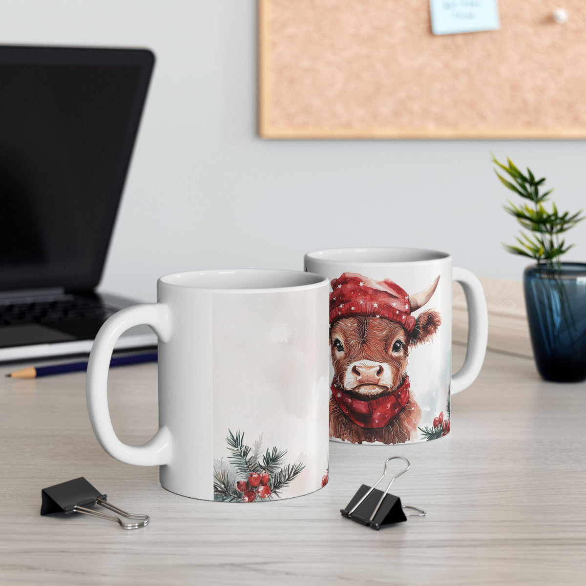 Highland Cow in Red Scarf Mug | Christmas Cow Ceramic Mug 11 oz
