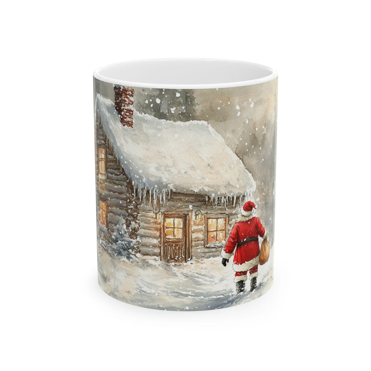 Santa by Snowy Cabin Mug | Christmas Winter Scene, Ceramic Coffee Cup 11oz